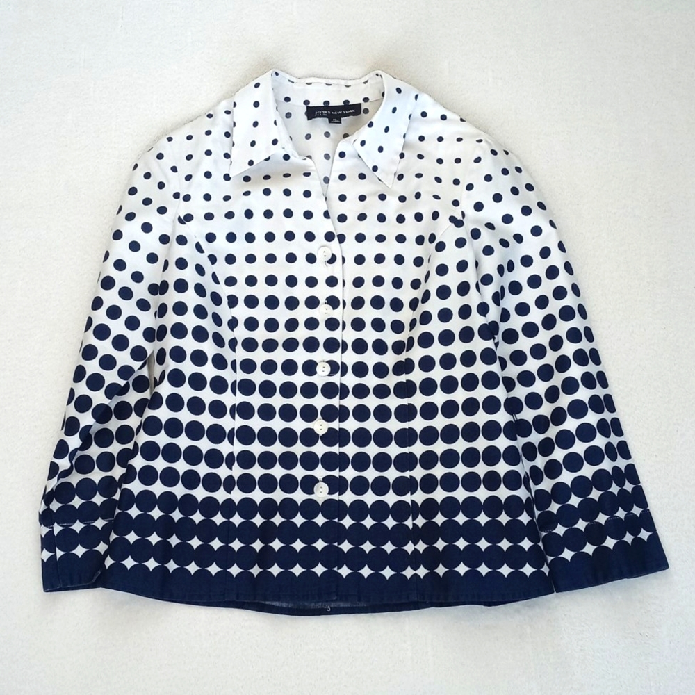Jones New York White w Navy Blue Polka Dot Mid-Century Modern 3/4 Sleeve Top P/S - Picture 9 of 12